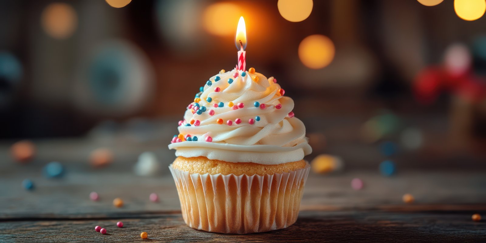 Celebrating a special occasion with a beautifully decorated cupcake featuring a lit candle and colorful sprinkles